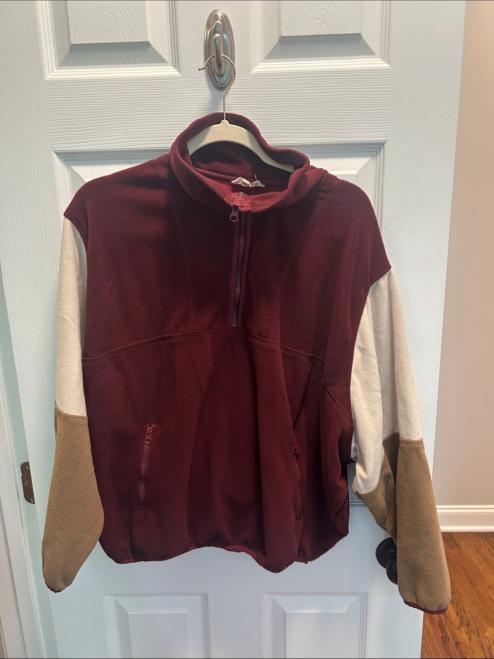 entro women’s Zip-Up Fleece Pullover in Burgundy with Cream and Tan Sleeves